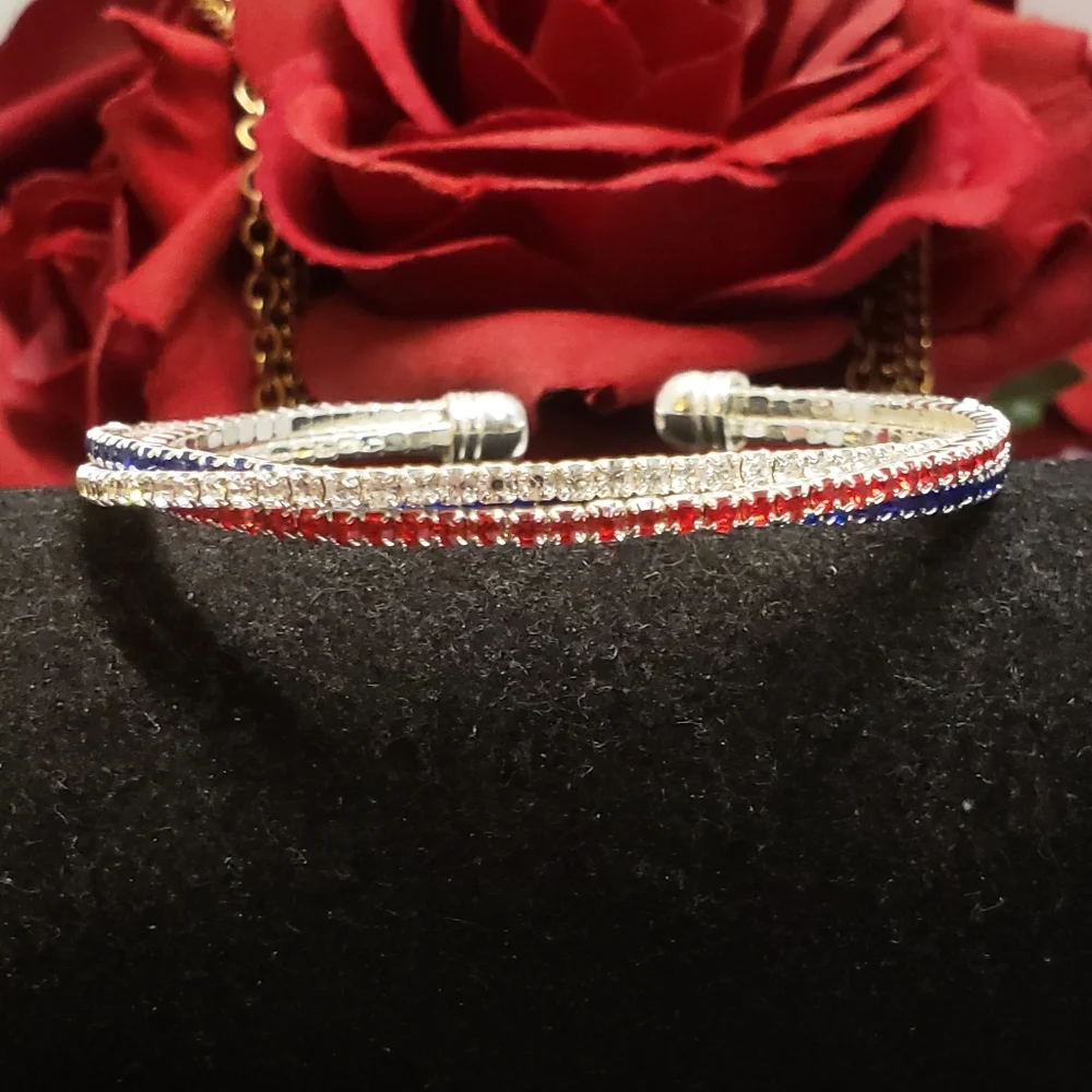 Stunning Red White & Blue Crystal Briad Silver Cuff Bracelet